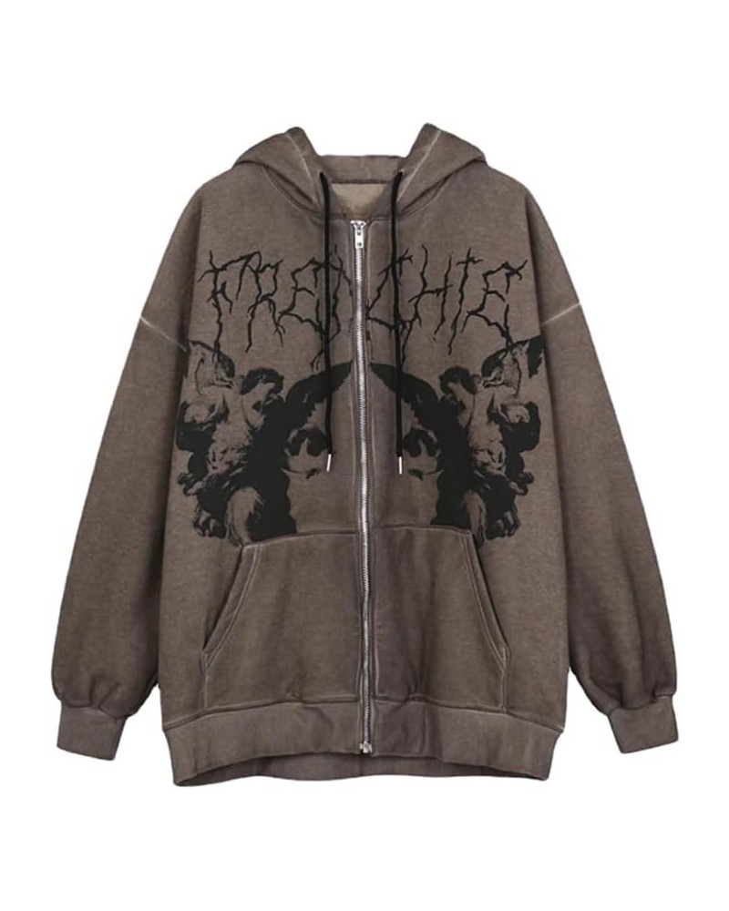 Y2k Grunge Punk Full Zip Up Hoodies Women Vintage Graphic Print Oversized Sweatshirt Hip-pop Pullover Jackets Brown $13.80 Ho...