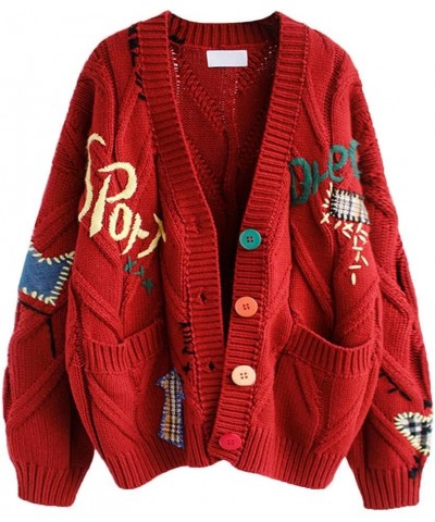 Women's Cable Knit Embroidery Patchwork Cardigan V Neck Long Sleeve Open Front Button Down Sweater Red $22.35 Sweaters