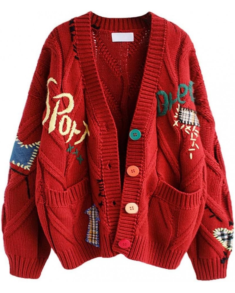 Women's Cable Knit Embroidery Patchwork Cardigan V Neck Long Sleeve Open Front Button Down Sweater Red $22.35 Sweaters