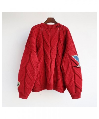 Women's Cable Knit Embroidery Patchwork Cardigan V Neck Long Sleeve Open Front Button Down Sweater Red $22.35 Sweaters