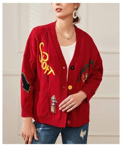 Women's Cable Knit Embroidery Patchwork Cardigan V Neck Long Sleeve Open Front Button Down Sweater Red $22.35 Sweaters