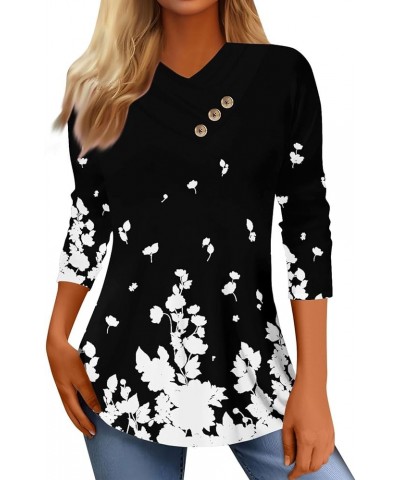 Womens Plus Size Tops Long Sleeve Shirts for Women Button V-Neck Floral Print Shirt Casual Fashion Blouse 35-black $9.01 Tanks