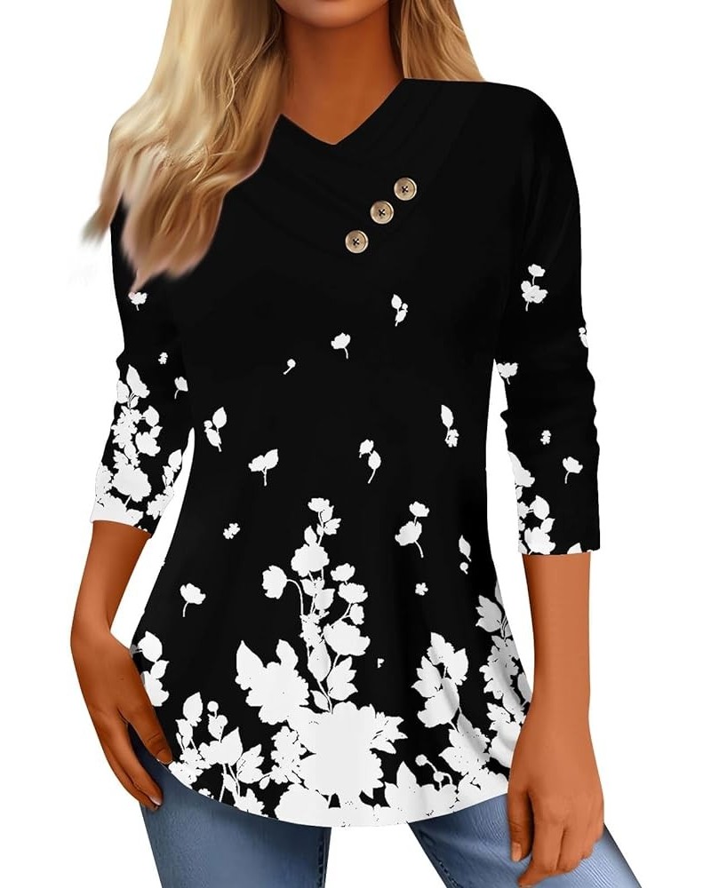 Womens Plus Size Tops Long Sleeve Shirts for Women Button V-Neck Floral Print Shirt Casual Fashion Blouse 35-black $9.01 Tanks