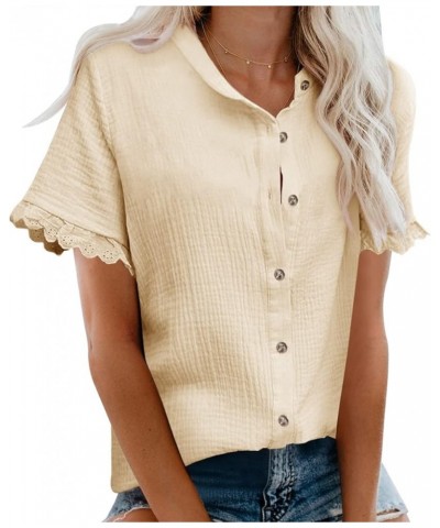 Womens Summer Cotton Shirt Button Down V Neck Short Sleeve Blouse Casual Loose Lightweight Tunic Solid Color Tops Apricot $9....