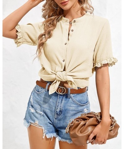 Womens Summer Cotton Shirt Button Down V Neck Short Sleeve Blouse Casual Loose Lightweight Tunic Solid Color Tops Apricot $9....