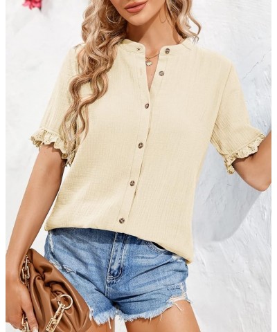 Womens Summer Cotton Shirt Button Down V Neck Short Sleeve Blouse Casual Loose Lightweight Tunic Solid Color Tops Apricot $9....