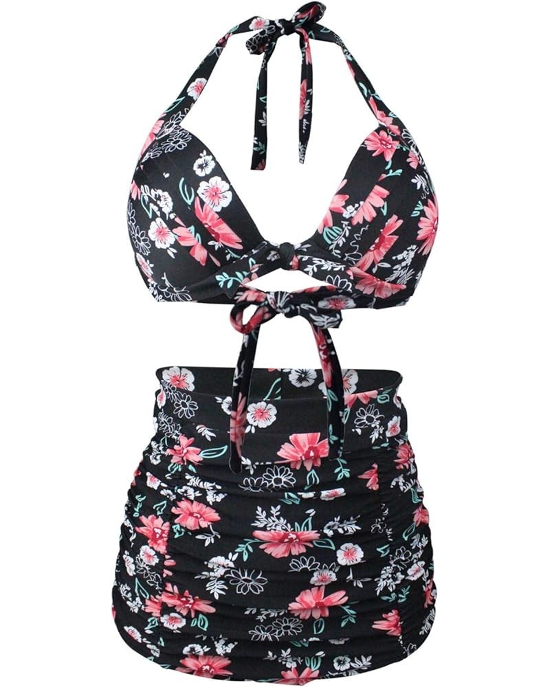 Women's Retro 50s Halter High Waist Ruched Bikini Swimsuit Black Pink $19.37 Swimsuits