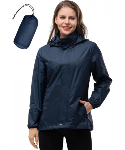 Women's Rain Jacket Waterproof Lightweight Packable Raincoat with Hood for Golf Hiking Travel Windbreaker Dark Blue $22.35 Coats