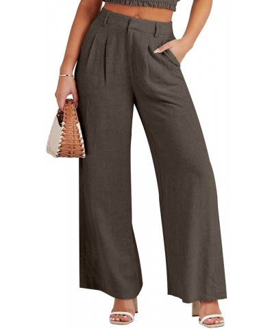 Women's Wide Leg Linen Palazzo Pants High Waisted Business Casual Trousers Loose Pleated Dressy Pants with Pocket Dark Coffee...