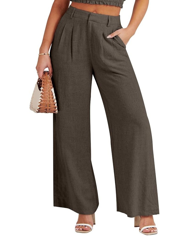 Women's Wide Leg Linen Palazzo Pants High Waisted Business Casual Trousers Loose Pleated Dressy Pants with Pocket Dark Coffee...