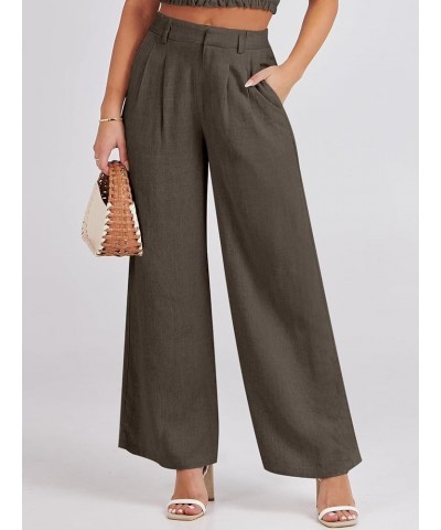 Women's Wide Leg Linen Palazzo Pants High Waisted Business Casual Trousers Loose Pleated Dressy Pants with Pocket Dark Coffee...