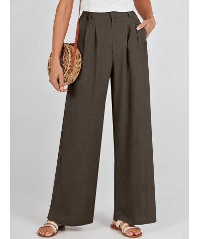 Women's Wide Leg Linen Palazzo Pants High Waisted Business Casual Trousers Loose Pleated Dressy Pants with Pocket Dark Coffee...