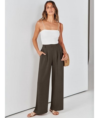 Women's Wide Leg Linen Palazzo Pants High Waisted Business Casual Trousers Loose Pleated Dressy Pants with Pocket Dark Coffee...