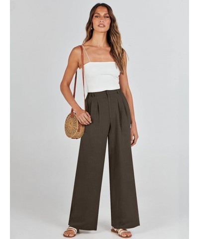 Women's Wide Leg Linen Palazzo Pants High Waisted Business Casual Trousers Loose Pleated Dressy Pants with Pocket Dark Coffee...