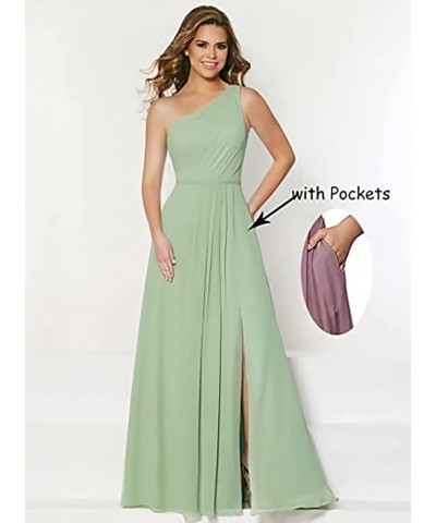 Women's Chiffon One Shoulder Bridesmaid Dresses Slit A-line Long Formal Party Dress with Pockets Mint $27.06 Dresses