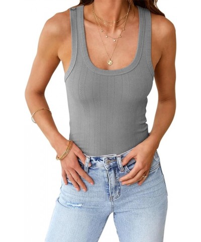 Womens Basic Sleeveless Scoop Neck Knit Tank Tops Cute Form Fitting Summer Tops Sleeveless Shirts Grey $10.93 Tanks