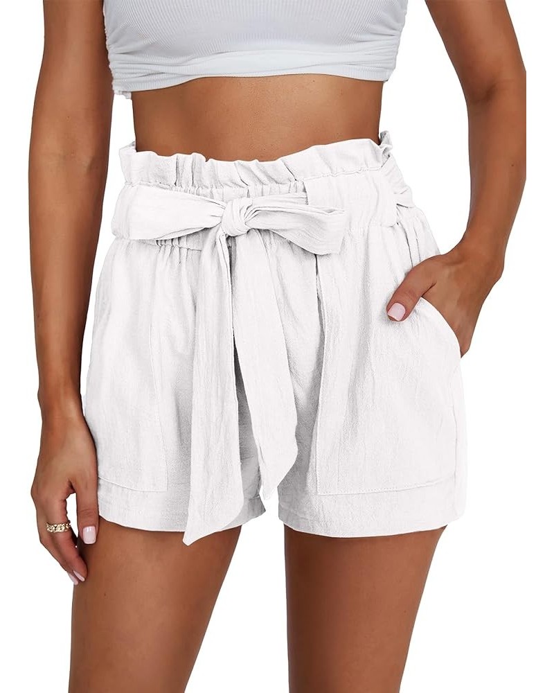 Women 's Casual Elastic Waist Bowknot Summer Shorts with Pockets White $11.34 Shorts