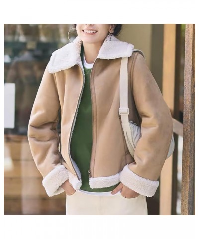 Womens Suede Faux Shearling Bomber Moto Jacket Sherpa-Lined Coat Winter Aviator Faux-Leather Coat Winter Warm Outwear A1khaki...