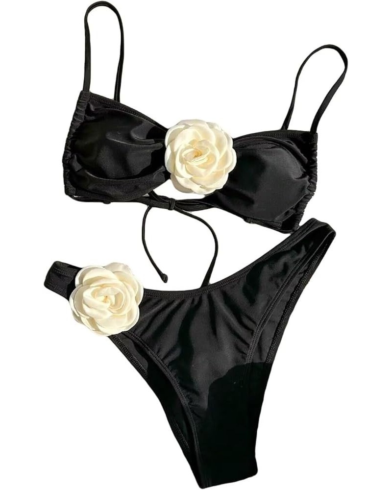 Women's Floral Appliques Cute Bathing Suit High Waisted Colorblock Tie Back Swimsuit Bikini Set Black $15.38 Swimsuits