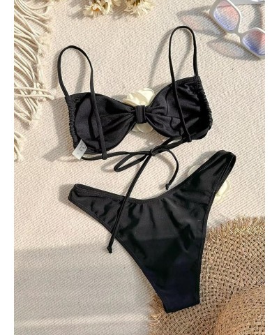 Women's Floral Appliques Cute Bathing Suit High Waisted Colorblock Tie Back Swimsuit Bikini Set Black $15.38 Swimsuits