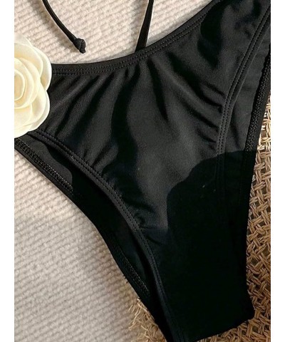 Women's Floral Appliques Cute Bathing Suit High Waisted Colorblock Tie Back Swimsuit Bikini Set Black $15.38 Swimsuits