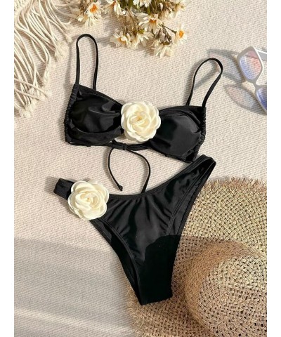 Women's Floral Appliques Cute Bathing Suit High Waisted Colorblock Tie Back Swimsuit Bikini Set Black $15.38 Swimsuits