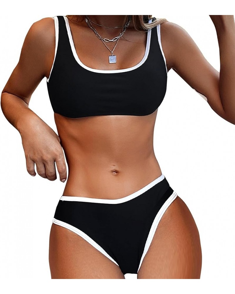 Women's Sporty Bikini Swimsuit Color Block Crop Top Two Piece Bathing Suit 134 Black $10.00 Swimsuits