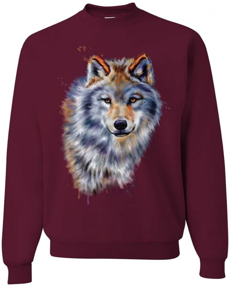 Wolf Oil Painting Animal Lover Unisex Crewneck Graphic Sweatshirt Maroon $22.71 Hoodies & Sweatshirts