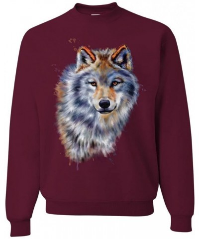 Wolf Oil Painting Animal Lover Unisex Crewneck Graphic Sweatshirt Maroon $22.71 Hoodies & Sweatshirts