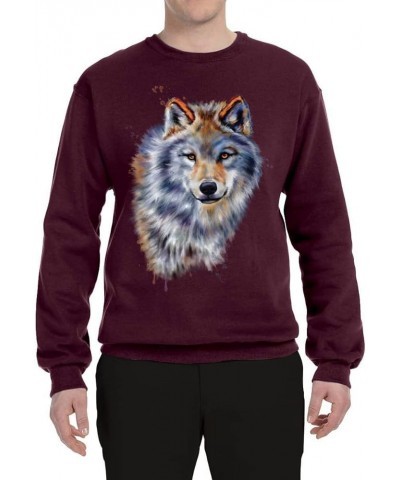 Wolf Oil Painting Animal Lover Unisex Crewneck Graphic Sweatshirt Maroon $22.71 Hoodies & Sweatshirts