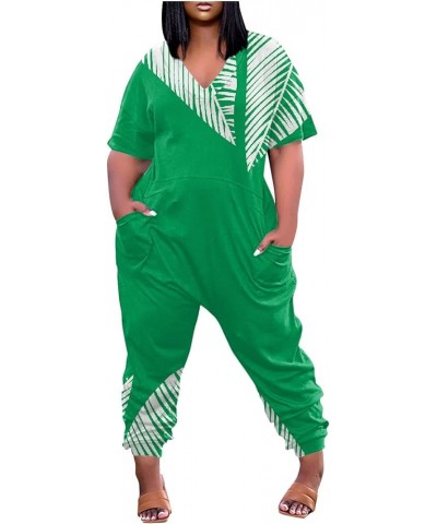 Jumpsuit Women Casual Summer Plus Size V Neck Short Sleeve Zipper Overalls With Pockets Wide Long Jumpsuits 05-green $11.43 J...