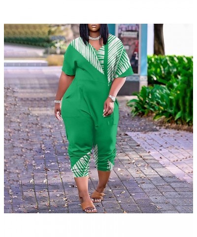 Jumpsuit Women Casual Summer Plus Size V Neck Short Sleeve Zipper Overalls With Pockets Wide Long Jumpsuits 05-green $11.43 J...