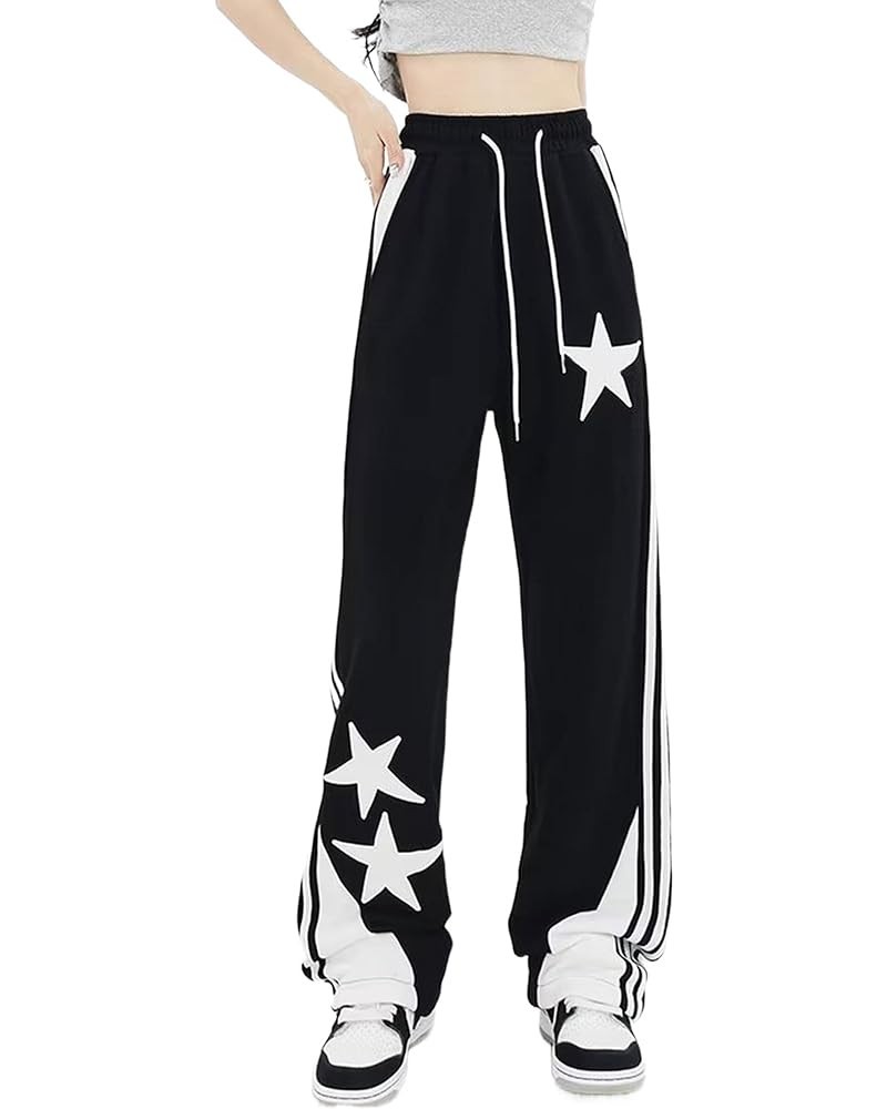 Women's Y2K Star Pants Baggy Drawstring Joggers Patchwork Wide Leg Sweatpants with Pockets 03-black $11.50 Pants