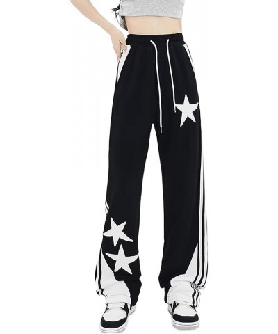 Women's Y2K Star Pants Baggy Drawstring Joggers Patchwork Wide Leg Sweatpants with Pockets 03-black $11.50 Pants