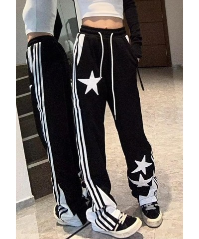 Women's Y2K Star Pants Baggy Drawstring Joggers Patchwork Wide Leg Sweatpants with Pockets 03-black $11.50 Pants