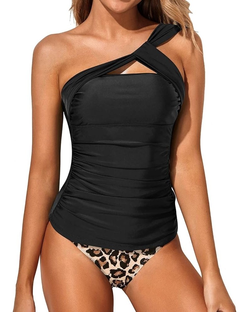 Two Piece Tankini Bathing Suits for Women One Shoulder Swim Top with Bottom Swimsuits Black Leopard $23.09 Swimsuits