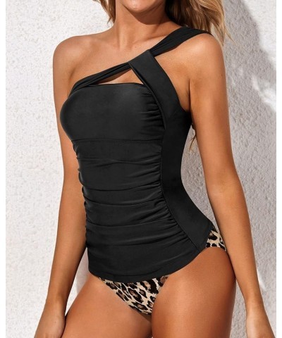 Two Piece Tankini Bathing Suits for Women One Shoulder Swim Top with Bottom Swimsuits Black Leopard $23.09 Swimsuits