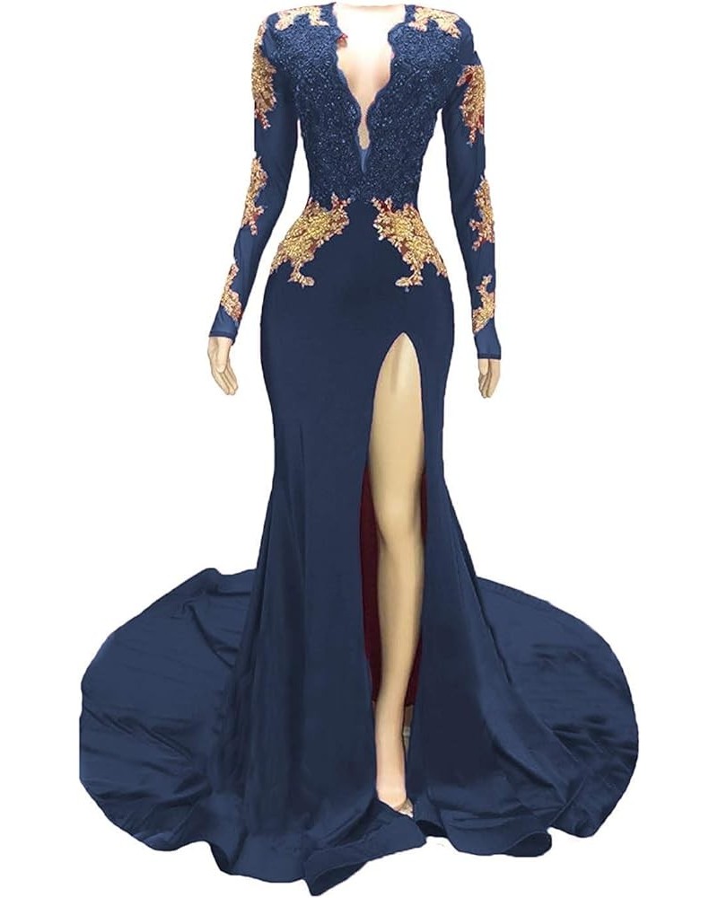 2019 Mermaid Prom Dress Gold Lace s Side Slit Long Sleeves Evening Gown Navy $54.24 Dresses