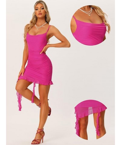 Sleeveless Ruched Dress for Women's Spaghetti Strap Cami Ruffle Bodycon Party Dress Hot Pink $18.40 Dresses