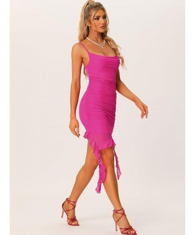 Sleeveless Ruched Dress for Women's Spaghetti Strap Cami Ruffle Bodycon Party Dress Hot Pink $18.40 Dresses