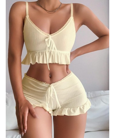 Women's 2 Piece Lingerie Set Pajama Sets Ruffle Trim Tie Front Cami Top and Shorts Sleepwear Apricot $12.00 Sleep & Lounge