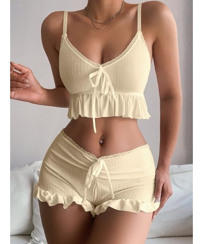 Women's 2 Piece Lingerie Set Pajama Sets Ruffle Trim Tie Front Cami Top and Shorts Sleepwear Apricot $12.00 Sleep & Lounge