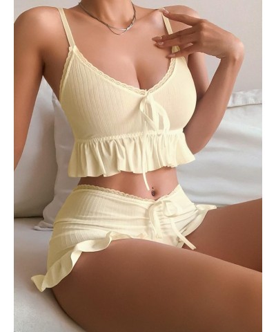 Women's 2 Piece Lingerie Set Pajama Sets Ruffle Trim Tie Front Cami Top and Shorts Sleepwear Apricot $12.00 Sleep & Lounge