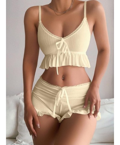 Women's 2 Piece Lingerie Set Pajama Sets Ruffle Trim Tie Front Cami Top and Shorts Sleepwear Apricot $12.00 Sleep & Lounge