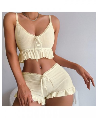 Women's 2 Piece Lingerie Set Pajama Sets Ruffle Trim Tie Front Cami Top and Shorts Sleepwear Apricot $12.00 Sleep & Lounge