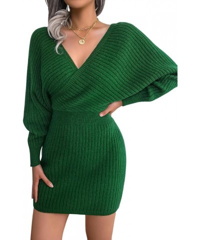 V Neck Mini Sweater Dress for Women Long Batwing Sleeve Ribbed Knit Wrap Dresses Backless Bodycon Pullover Dress 02-green $17...