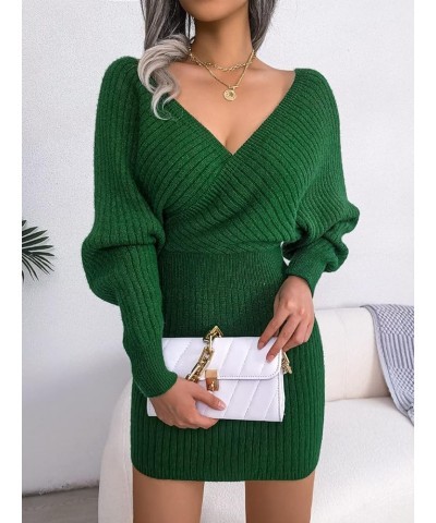 V Neck Mini Sweater Dress for Women Long Batwing Sleeve Ribbed Knit Wrap Dresses Backless Bodycon Pullover Dress 02-green $17...