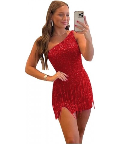 Women's One Shoulder Sequin Homecoming Dress with Tassel Sparkly Tight Short Cocktail Dresses Red $30.55 Dresses