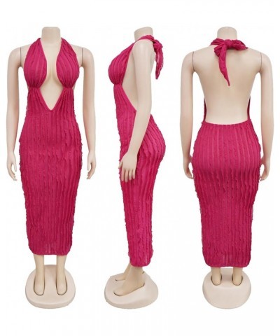 Women's Sleeveless Halter Low Cut Ruffled Backless Sexy Bandage Long Dress Rose Red $12.94 Dresses