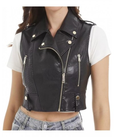 Faux Leather Vest For Women Zipper Cropped Sleeveless Biker Moto Slim PU Motorcycle Waistcoat 063 Black $24.29 Vests